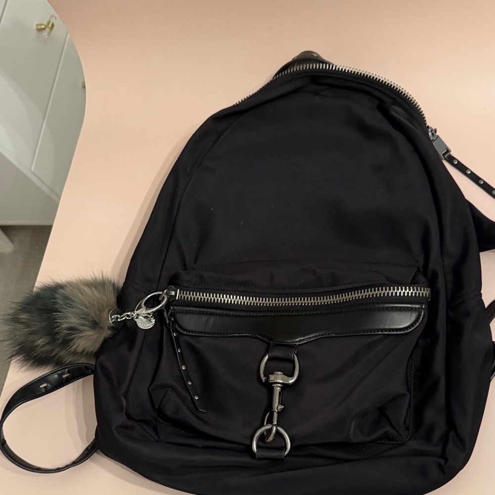 Rebecca Minkoff Black Nylon Backpack with Fur Pom Charm